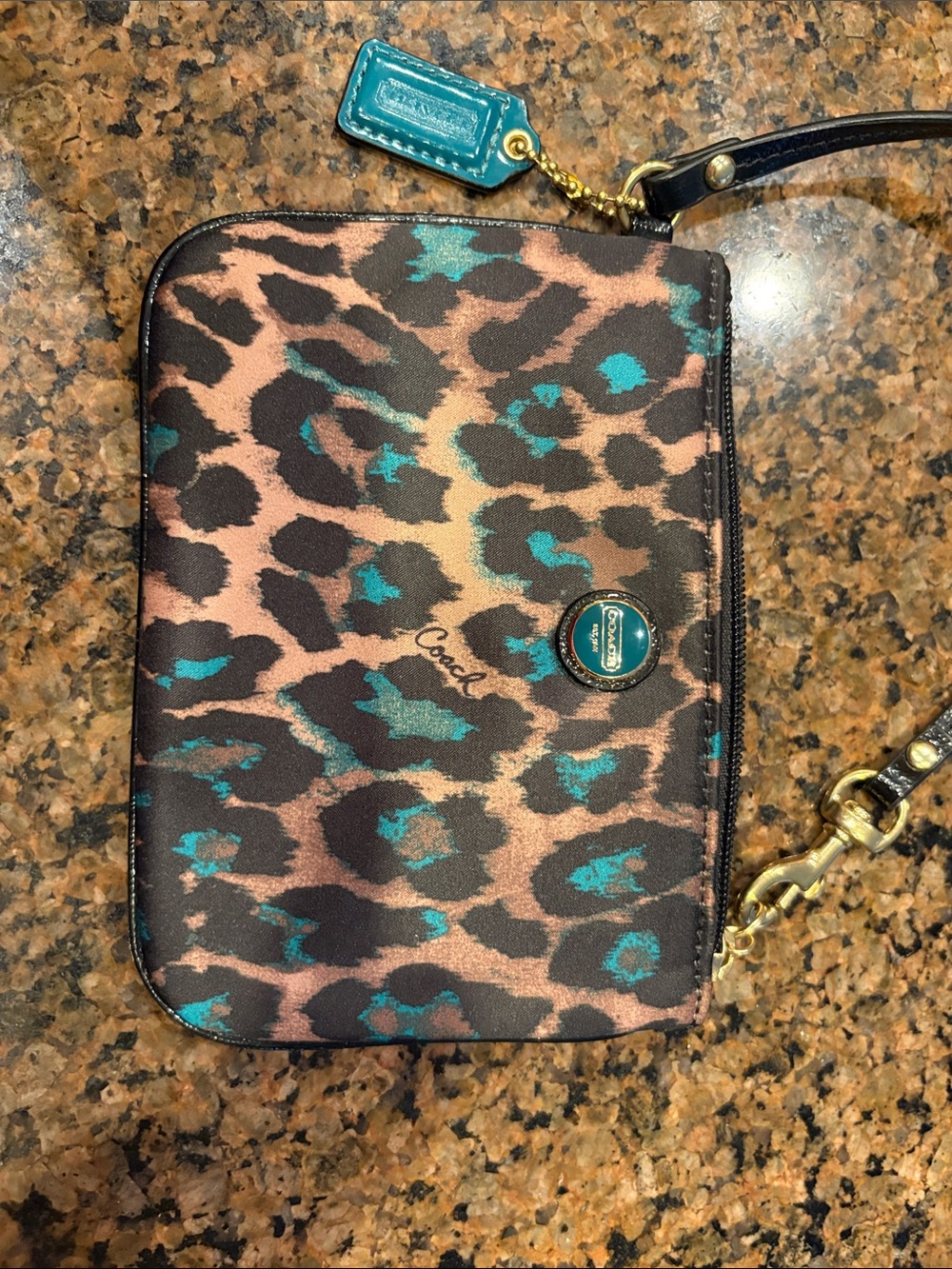Coach Wristlet Clutch Small Jade Leopard Ocelot Black Brown Teal - Picture 5 of 5